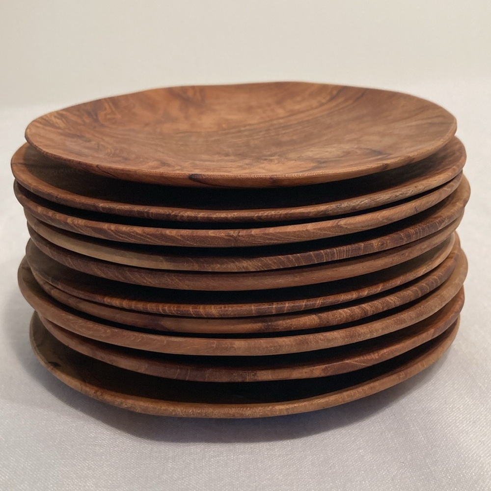 Anthropologie blue pheasant Rowan teak cocktail plates 10